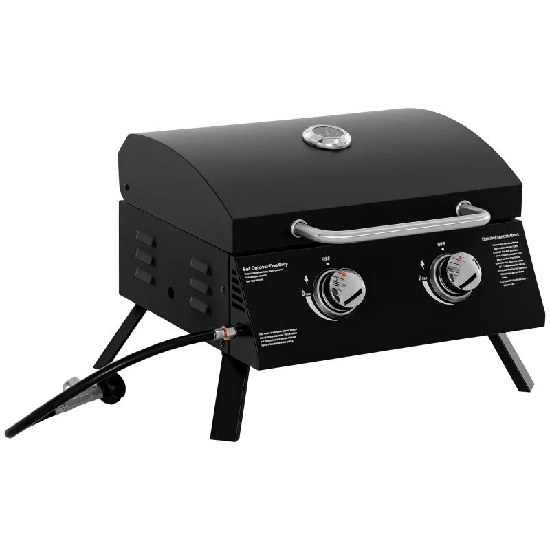 Outsunny 2 Burner Gas BBQ Grill Outdoor Portable Folding Tabletop Barbecue w/ Lid, Thermometer, Carbon Steel, Black