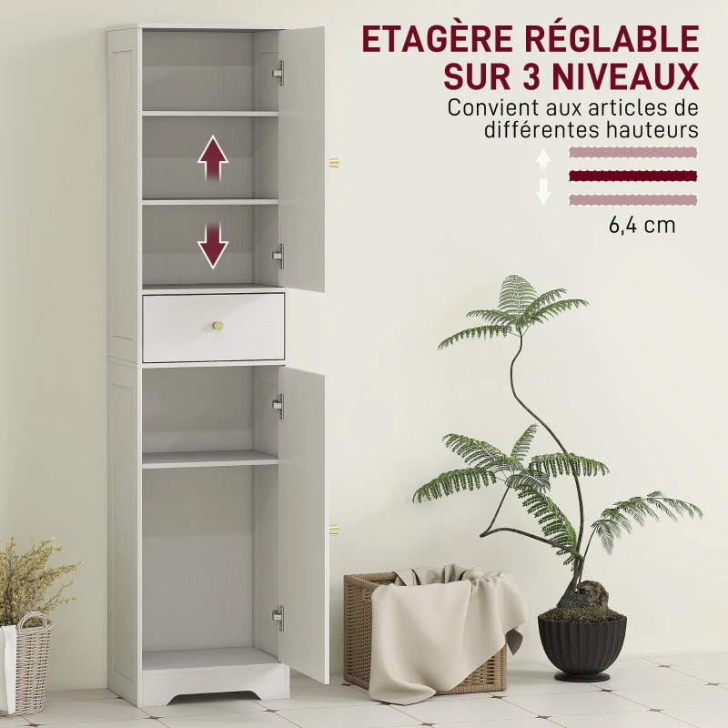 HOMCOM Armoire salle de bain haute meuble de rangement colonne avec placards tiroir et étagères réglables 40x29,5x170cm blanc