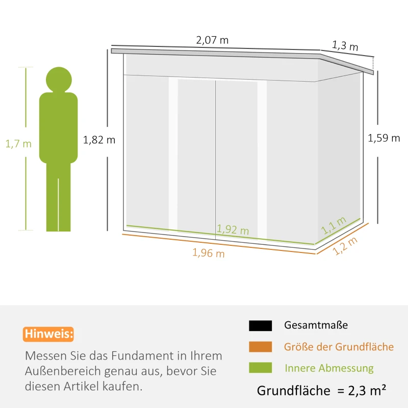 Outsunny Gerätehaus Metall 2,3 m² 207 x 130 x 182 cm Geräteschuppen mit Pultdach Fenster Bodenrahmen Schwarz(m-3)