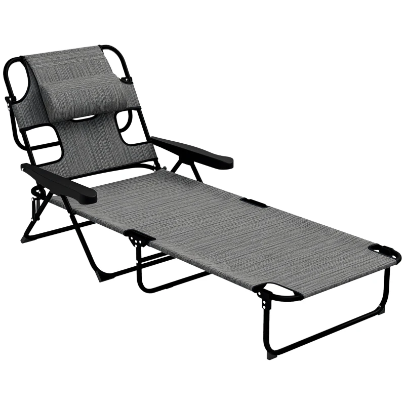 Outsunny Chaise longue de jardin pliante dossier réglable sur 4 niveaux, trou de lecture et appui-tête 72L x 194l x 31H cm Gris