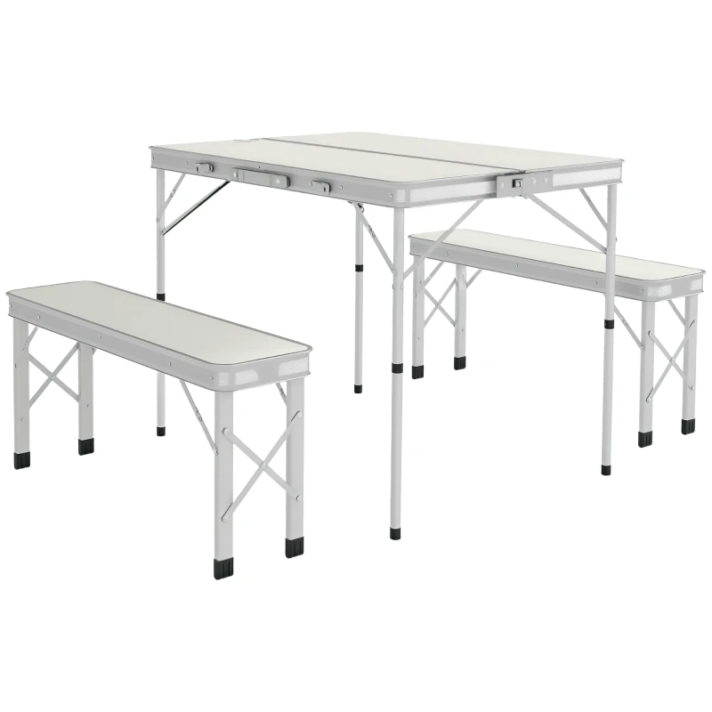 Outsunny Masă Pliabilă de Picnic cu 2 Bănci, Masă de Camping din 3 Piese cu Masă și Scaune din MDF și Aluminiu, 90x62x70 cm, Argintiu