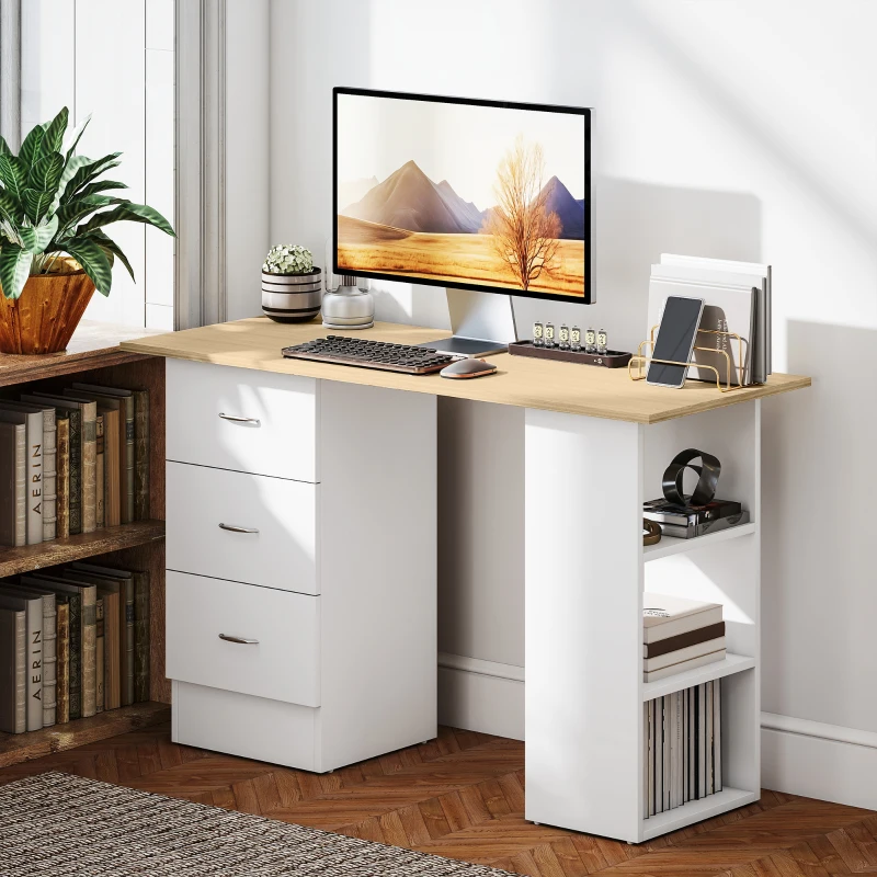 HOMCOM Computer Desk, Writing Table, PC Workstation with 3 Storage Shelves and Drawers, Silver Handle, for Home Office, Natural Wood Finish and White