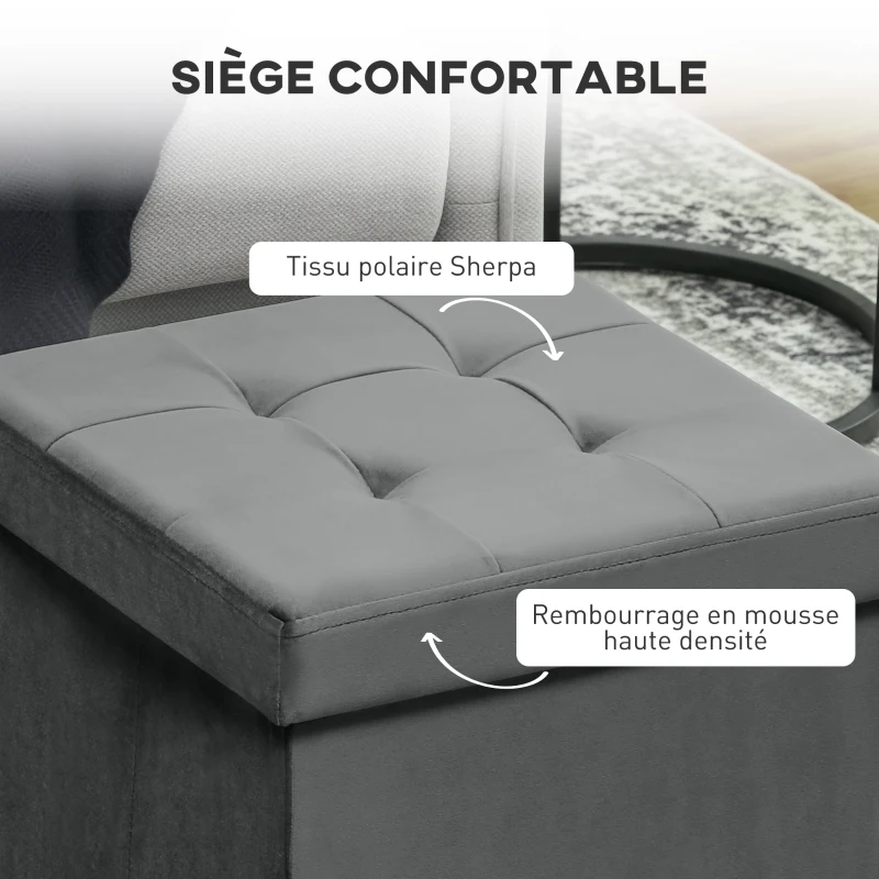 HOMCOM Pouf coffre rangement pliable, tabouret carré 37,6 L en tissu velours, charge 120 Kg, 38 x 38 x 38 cm, gris