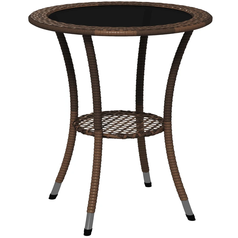 Outsunny Mesa de Jardín Redonda Ø64x71 cm con Estante Marco de Acero y Encimera de Cristal Carga 50 kg para Terraza Patio Marrón