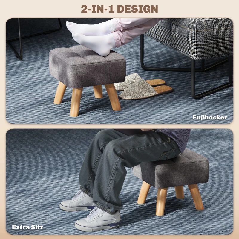 HOMCOM Fußhocker mit Polsterung, Leinenoptik, Holzbeine, bis 110 kg belastbar, Grau(m-4)
