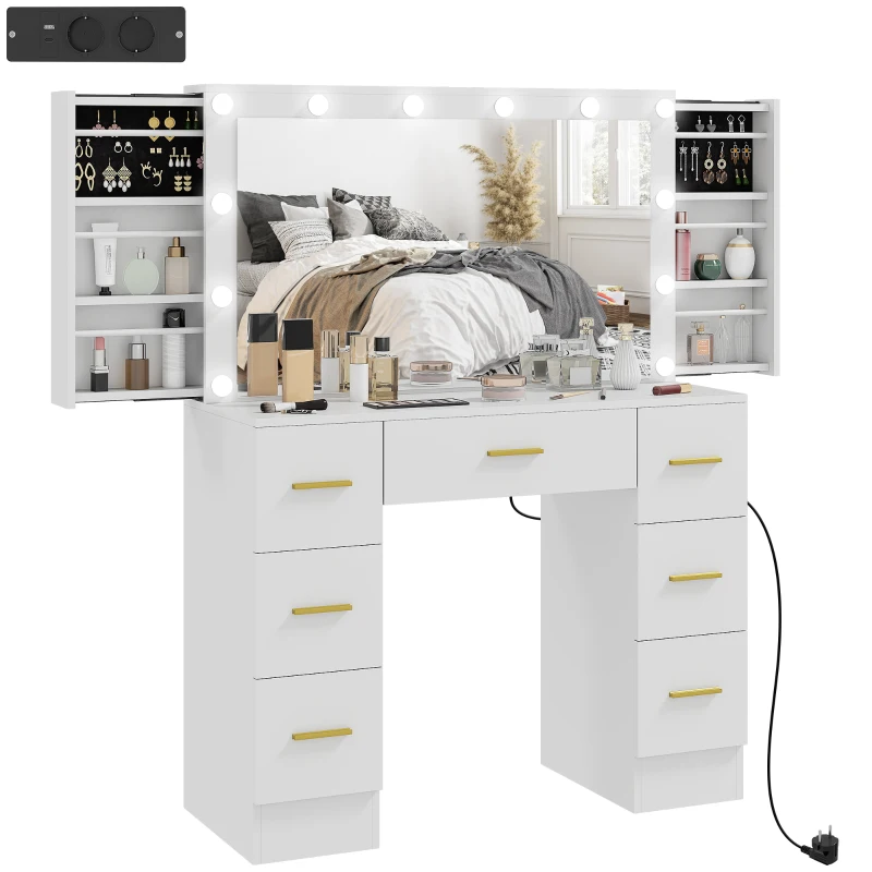 HOMCOM Coiffeuse avec Miroir et 12 Lumières LED, Table de Maquillage avec 7 Tiroirs, 6 Compartiments de Rangement Cachés, Panneau de Particules, Blanc(m-6)
