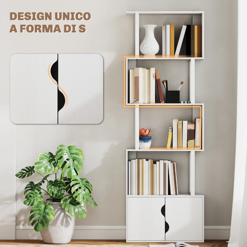 HOMCOM Libreria Moderna con 5 Ripiani e Armadietto a 2 Ante in Legno, 60x23.8x179.2 cm, Bianco