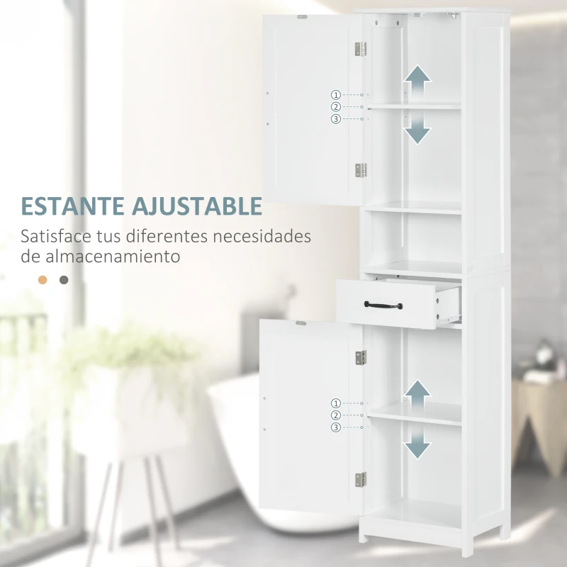 kleankin Columna de Baño con 2 Puertas 1 Cajón Estante Abierto y 2 Armarios con Estante Ajustable 40x30x164 cm Blanco