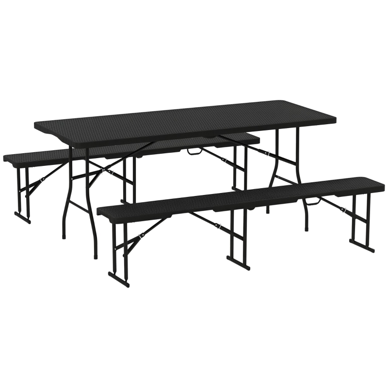 Outsunny Set da Pic Nic Pieghevole a 3 Pezzi con Tavolo e 2 Panche in HDPE e Metallo, Nero