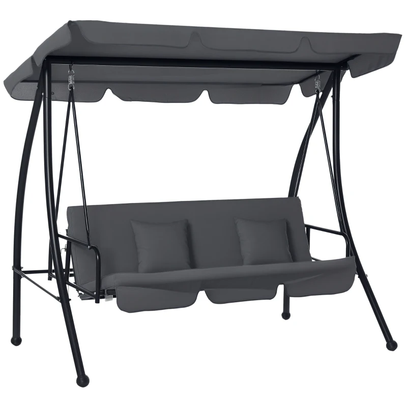 Outsunny Outdoor 2-in-1 Swing Chair Lounger 3 Seater Garden Swing Seat Bed Convertible Tilt Canopy W/ Cushion, Dark Grey