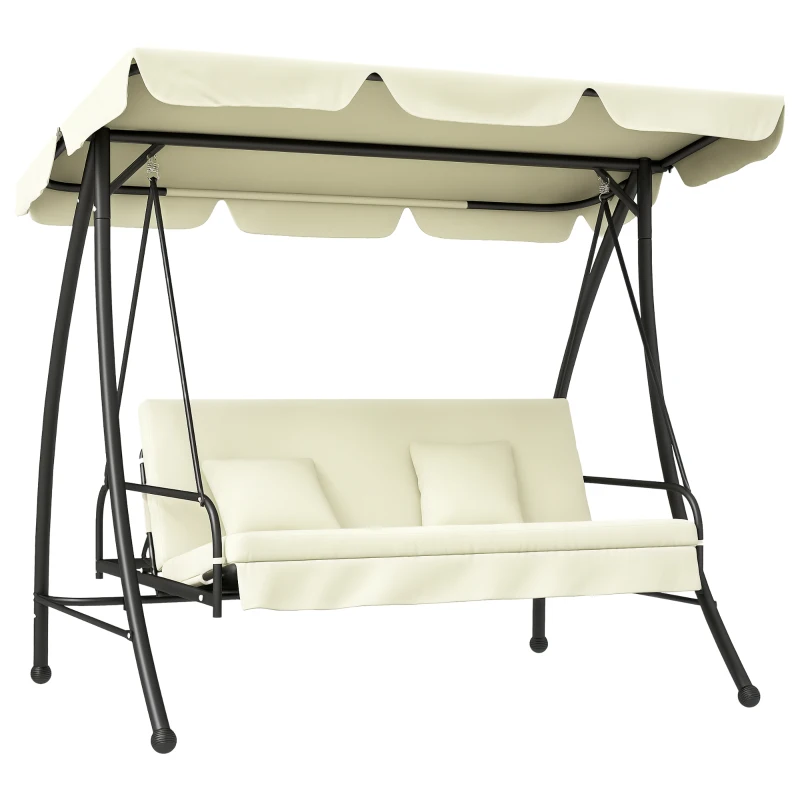 Outsunny Hollywoodschaukel, Schaukelbank mit Liege-Funktion, 3 Sitzer, Metall+Polyester, 200 x 125 x 170 cm, Weiß(m-10)
