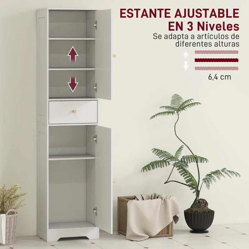 HOMCOM Armario Alto de Baño Estrecho con 2 Puertas Arqueadas Cajón y Estantes Ajustables Moderno 40x29,5x170 cm Blanco Veteado
