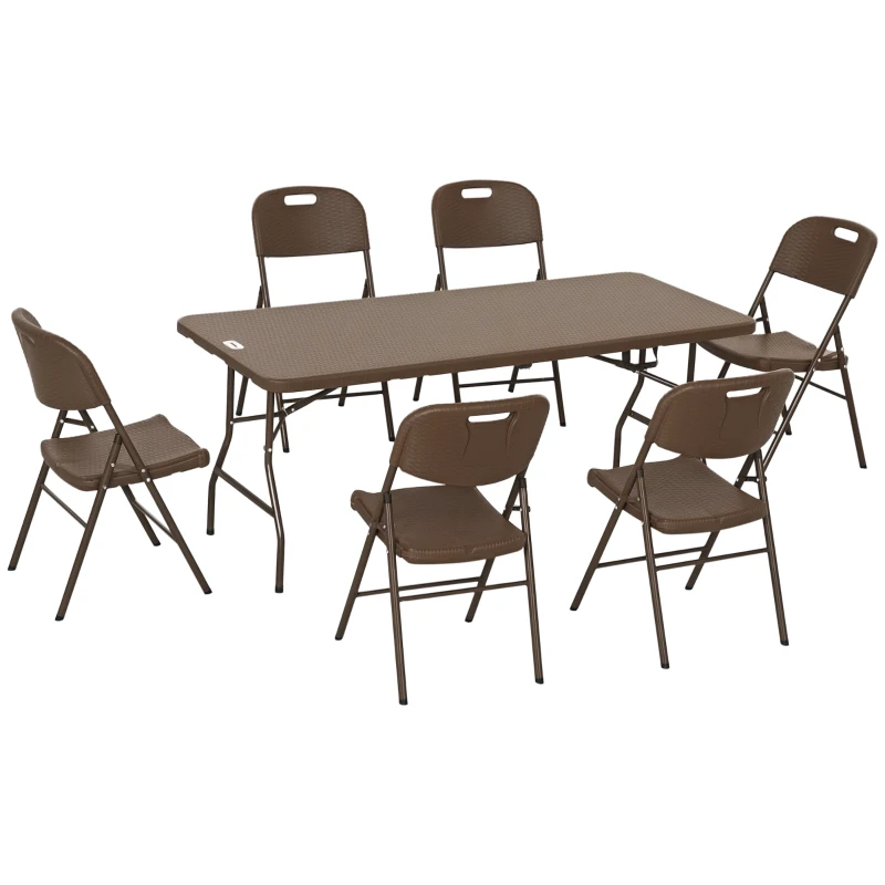 Outsunny 6 Seater Garden Dining Set, Rattan-Style HDPE Garden Furniture Set, Outdoor Dining Table and Chairs with 6 Armchairs and Rectangular Plastic Top Table for Patio, Balcony, Dark Brown