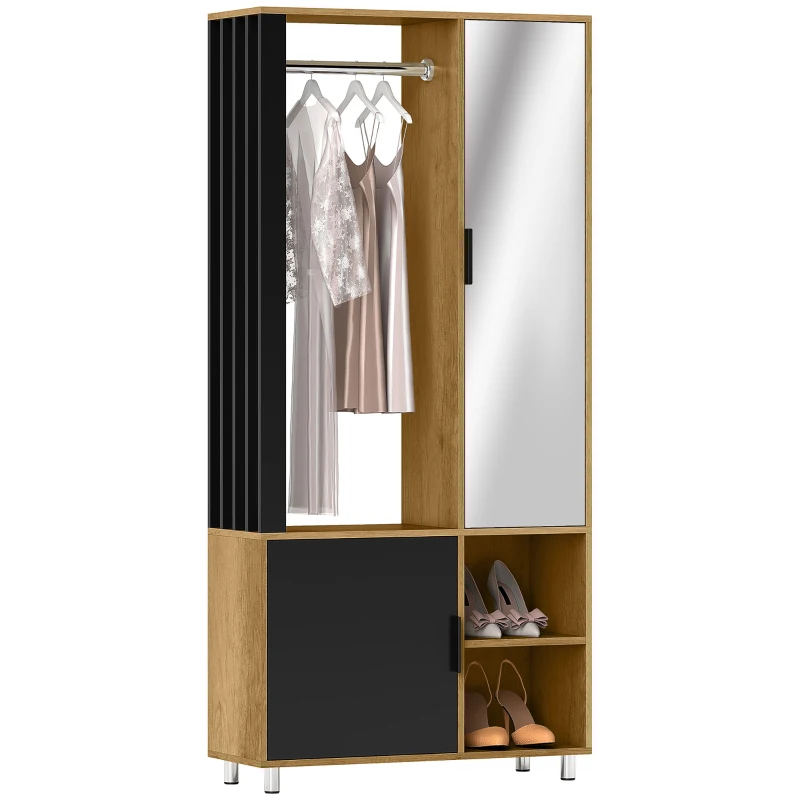 HOMCOM Kleiderschrank mit Spiegel und Hängestange, Aufbewahrungsfächer, offene Ablageflächen, Naturholz, Schwarz(m-10)