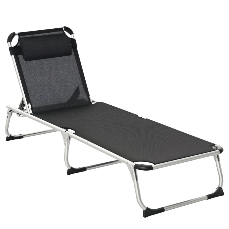 Outsunny Foldable Outdoor Sun Lounger, Reclining Lounge Chair Camping Bed Cot with Pillow 4-Level Adjustable Back Aluminium Frame, Black