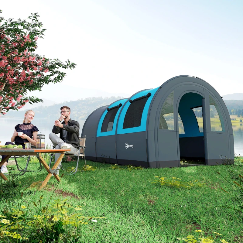 Outsunny Tenda de Campismo Familiar para 5-6 Pessoas com 2 Quartos Portas Impermeável 3000 mm para Trekking 480x260x200 cm Cinza