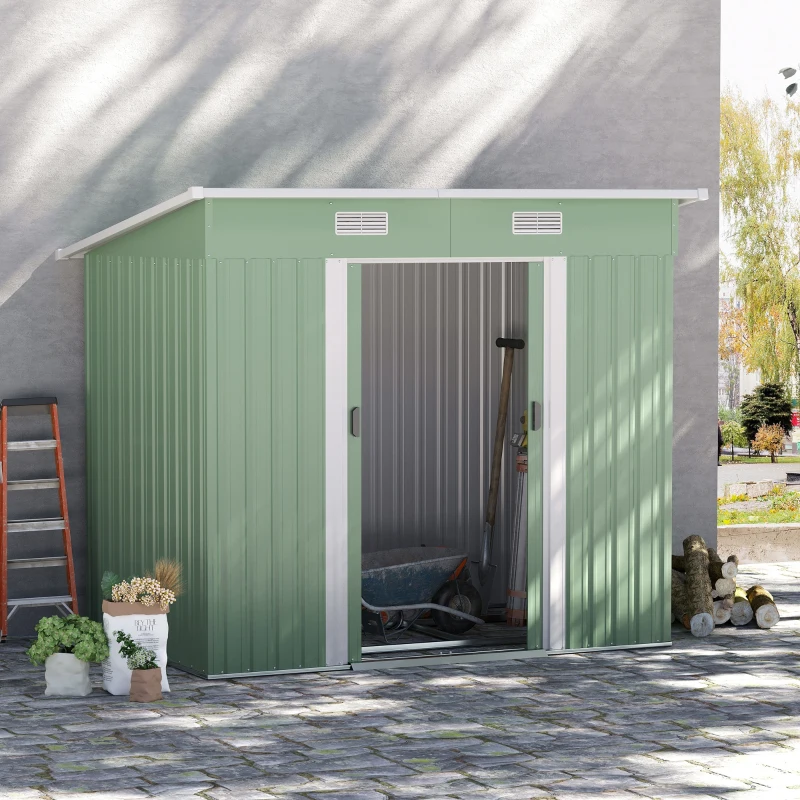 Outsunny Gerätehaus Metall 2,3 m² 207 x 130 x 182 cm Geräteschuppen mit Pultdach Fenster Bodenrahmen Grün(m-9)