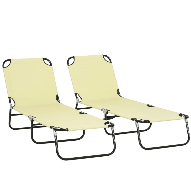 Outsunny Set of Two Metal Frame Folding Sun Loungers - Beige