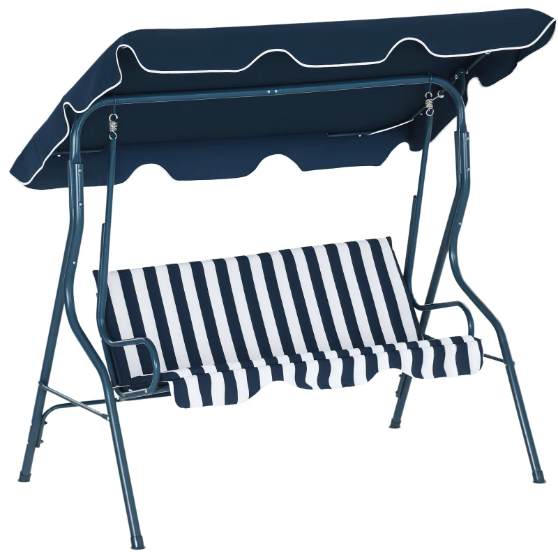 Outsunny 3 Seater Garden Swing Seat Chair Outdoor Bench with Adjustable Canopy and Metal Frame, Blue Stripes