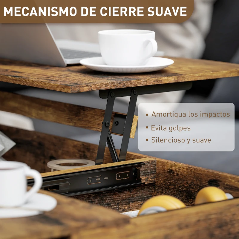 HOMCOM Mesa de Centro Elevable con Encimera Deslizante Cierre Suave Espacio Oculto de Almacenaje 100x45x67 cm Marrón Rústico