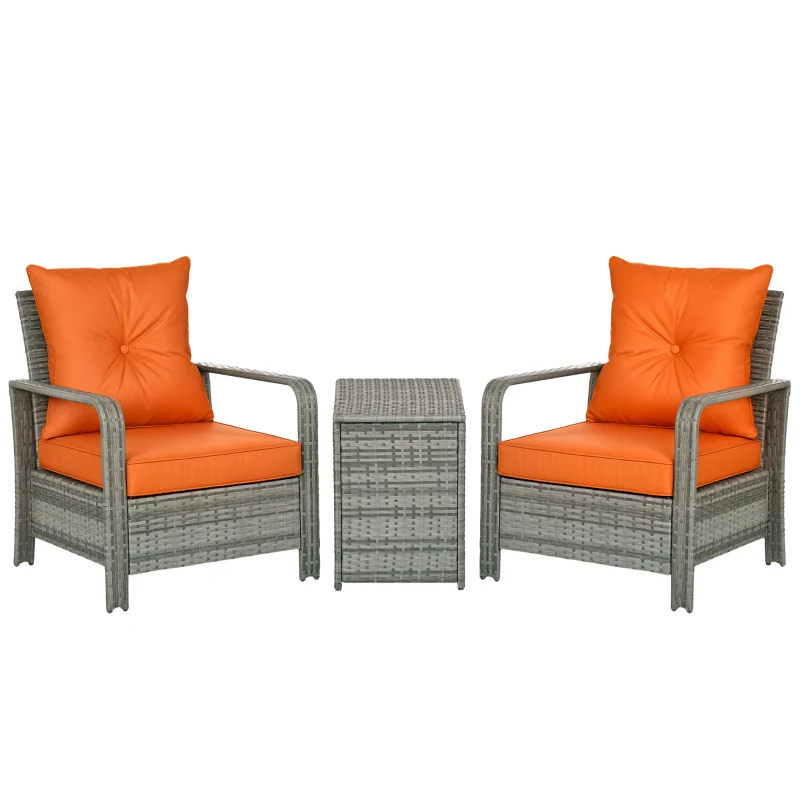 Outsunny 3 Pieces Rattan Bistro Set, Wicker Garden Furniture Set with Storage Coffee Table and Chairs, Thickened Cushions for Outdoor, Patio, Balcony, Orange