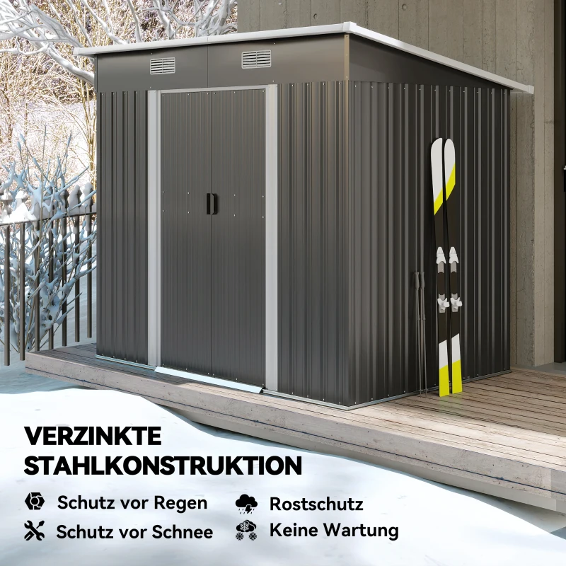 Outsunny Gerätehaus Metall 2,3 m² 207 x 130 x 182 cm Geräteschuppen mit Pultdach Fenster Bodenrahmen Schwarz(m-4)