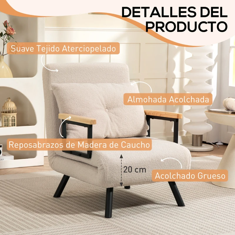 HOMCOM Sofá Cama Individual Plegable Sofá Cama Convertible 4 en 1 Respaldo Ajustable de 5 Niveles y Almohada 63x73x81 cm Beige