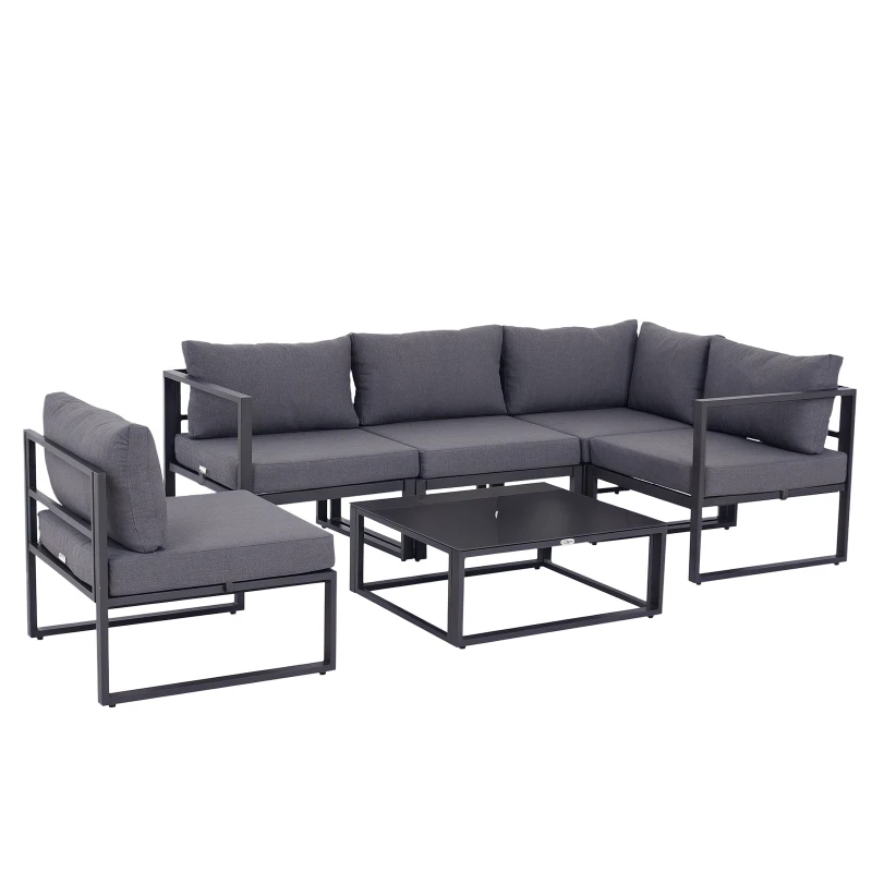 Outsunny 6 PCs Outdoor Indoor Sectional Corner Sofa Set Thick Padded Cushions Aluminium Frame 5 Seaters 1 Coffee Table Grey