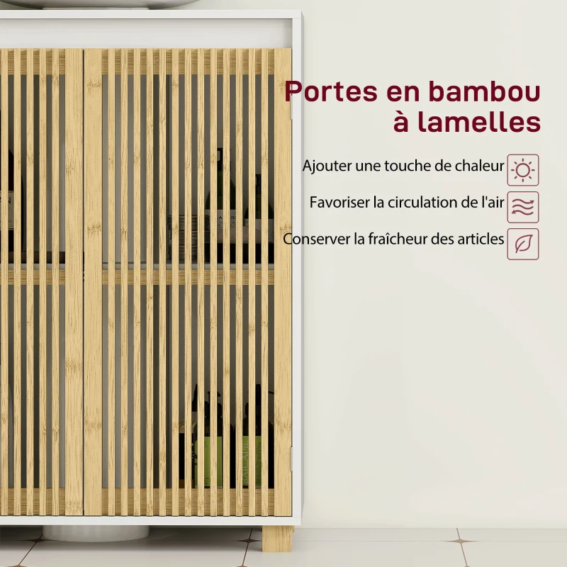 HOMCOM Meuble sous lavabo salle de bain - placard à portes à lattes en bambou, 60 x 30 x 75 cm, effet bois naturel