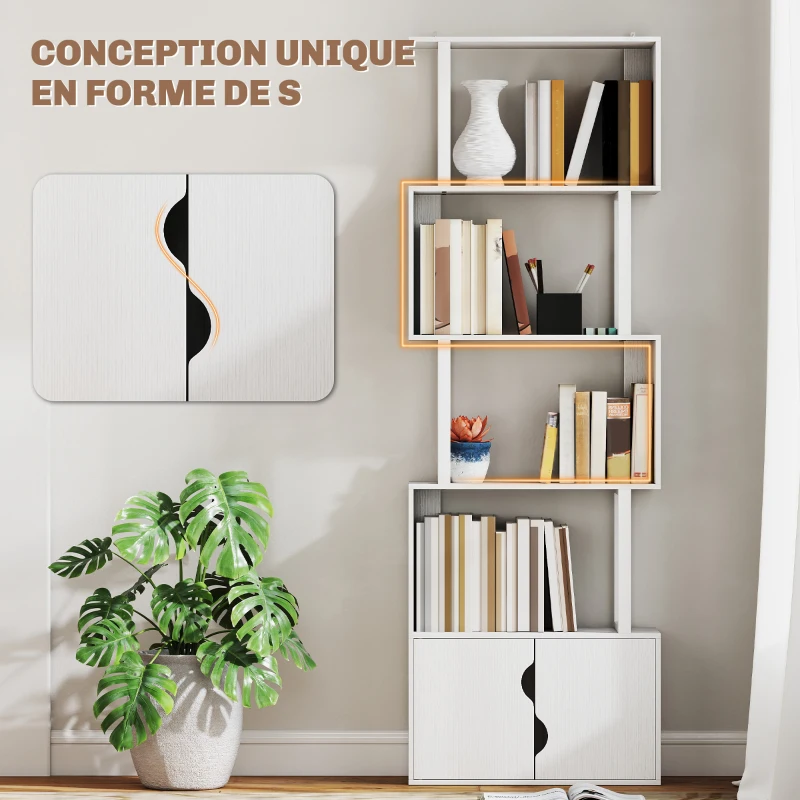 HOMCOM Bibliothèque à 5 niveaux, meuble de rangement avec étagères et placard double porte, 60 x 23,8 x 179,2 cm, blanc