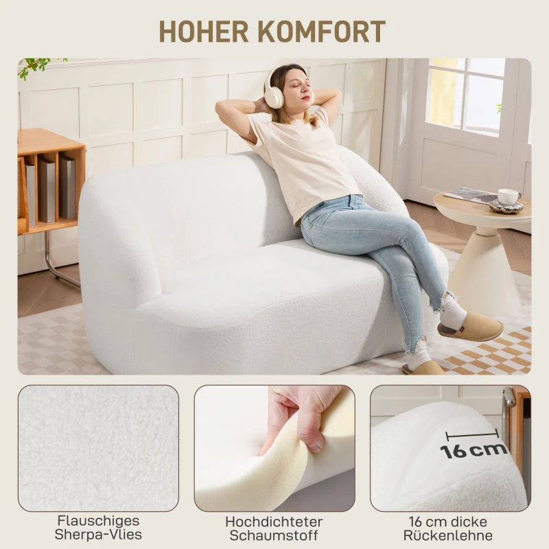 HOMCOM 2-Sitzer-Sofa, geschwungenes Design, Polstersofa mit Fleece-Bezug, für Wohnzimmer, Schlafzimmer, Homeoffice, Cremeweiß(m-6)