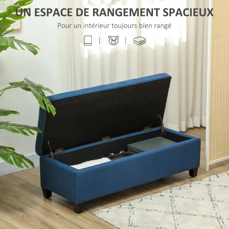 HOMCOM Banc de rangement 94,5L banquette bout de lit en tissu aspect lin et pieds en bois, 125 x 49 x 41,5 cm, bleu
