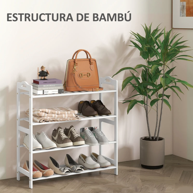 HOMCOM Estantería para Zapatos de Bambú para 12 Pares de Zapatos para Entrada Pasillo Dormitorio 67,5x24,7x72 cm Blanco