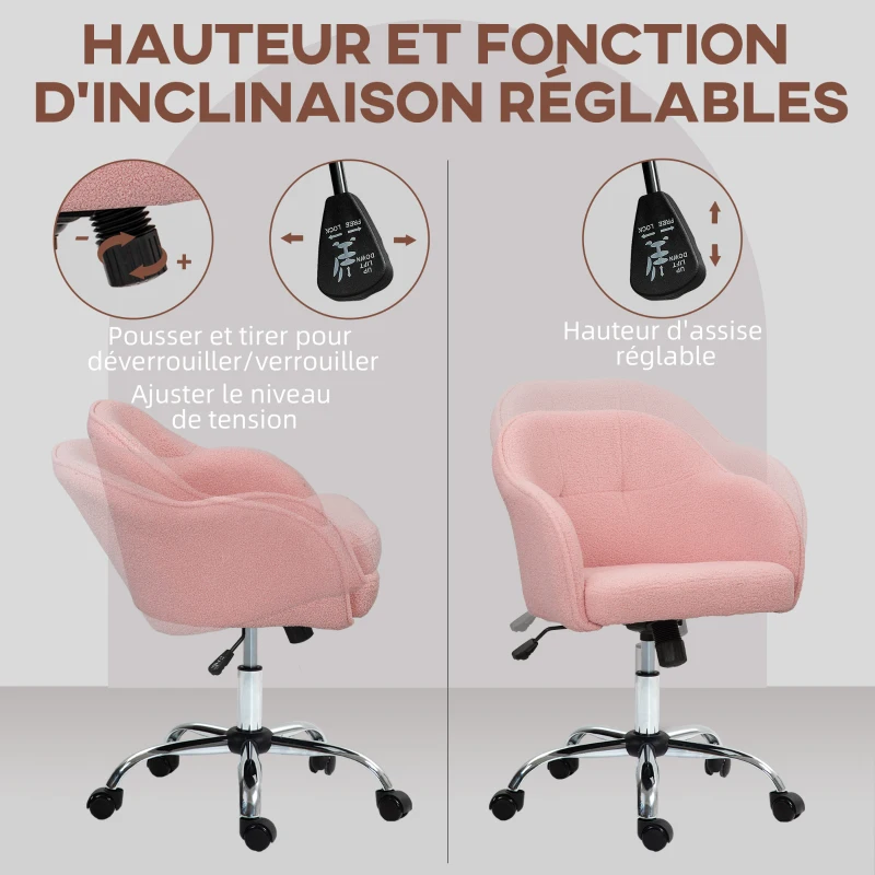 HOMCOM Chaise de bureau, fauteuil de bureau ergonomique, hauteur réglable, assise et dossier rembourrés, rose