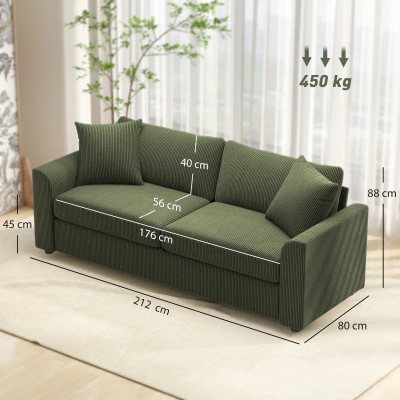 HOMCOM Sofá de 3 Plazas Tapizado en Pana con 2 Almohadas Reposabrazos y Cojín de Muelles 212x80x88 cm Verde