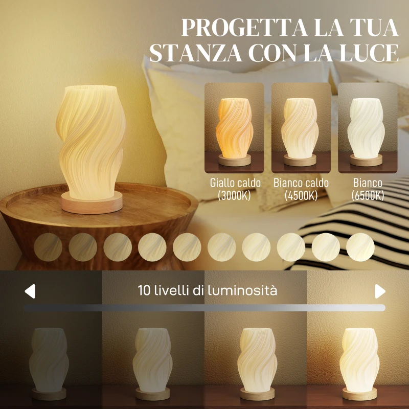 HOMCOM Lampada da Tavolo Ondulata a 3 Colori con presa USB, in ABS e Caucciù, Ø12x20 cm, Bianco e color Legno