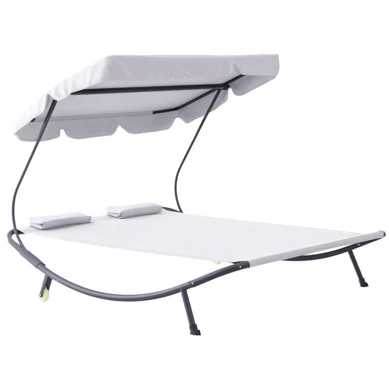 Outsunny Double Sun Lounger with Adjustable Detachable Canopy, Portable Garden Daybed for 2 with Wheels, Outdoor Sunbed Hammock with 2 Pillows, 220 KG Max. Load, White