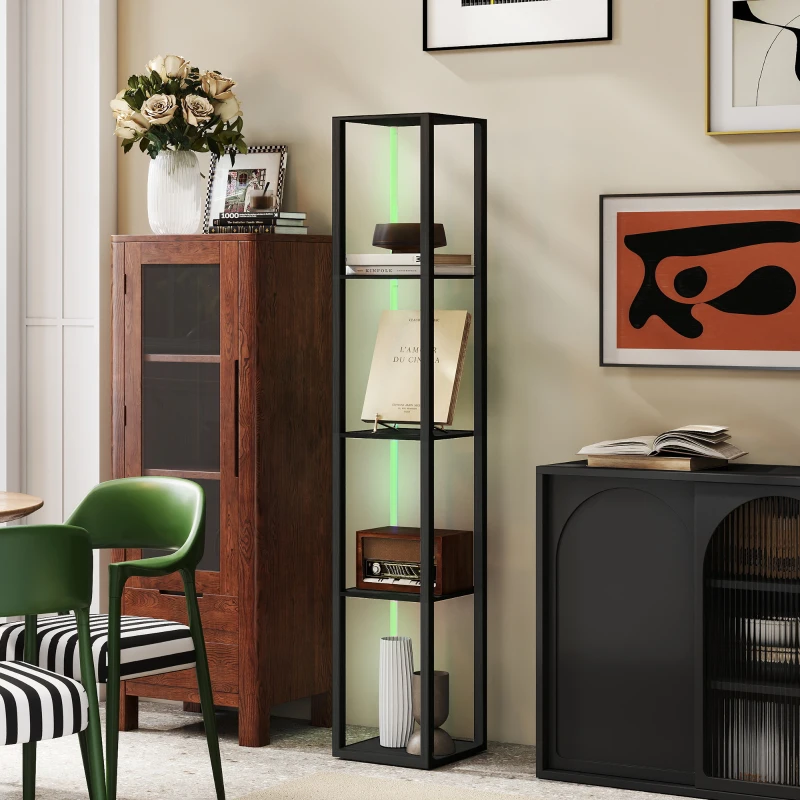 HOMCOM RGB LED Floor Lamp with Shelves, Modern Dimmable Standing Lamp with Remote Control, Adjustable Brightness & Speed for Living Room, Bedroom, Office, Black