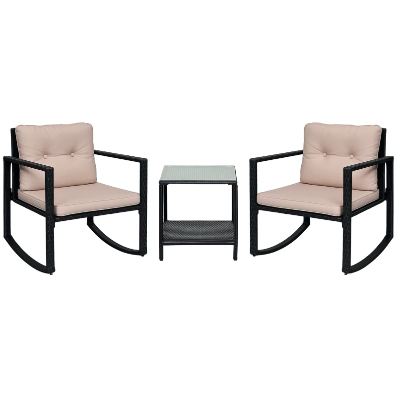 Outsunny 3 Pieces Rattan Garden Rocking Chair Set, Outdoor Rocking Bistro Set w/ 2 Cushioned Armchair and Glass Top Two-tier Coffee Table, Black