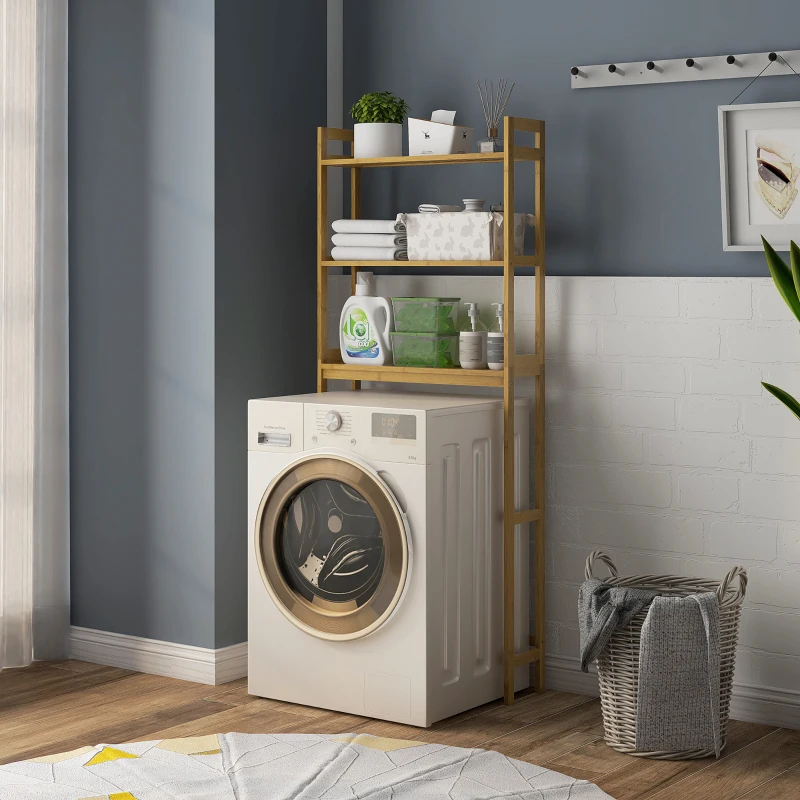 kleankin Meuble étagères de rangement dessus toilette WC en bambou 3 étagères pour salle de bain 68 x 20 x 165 cm naturel