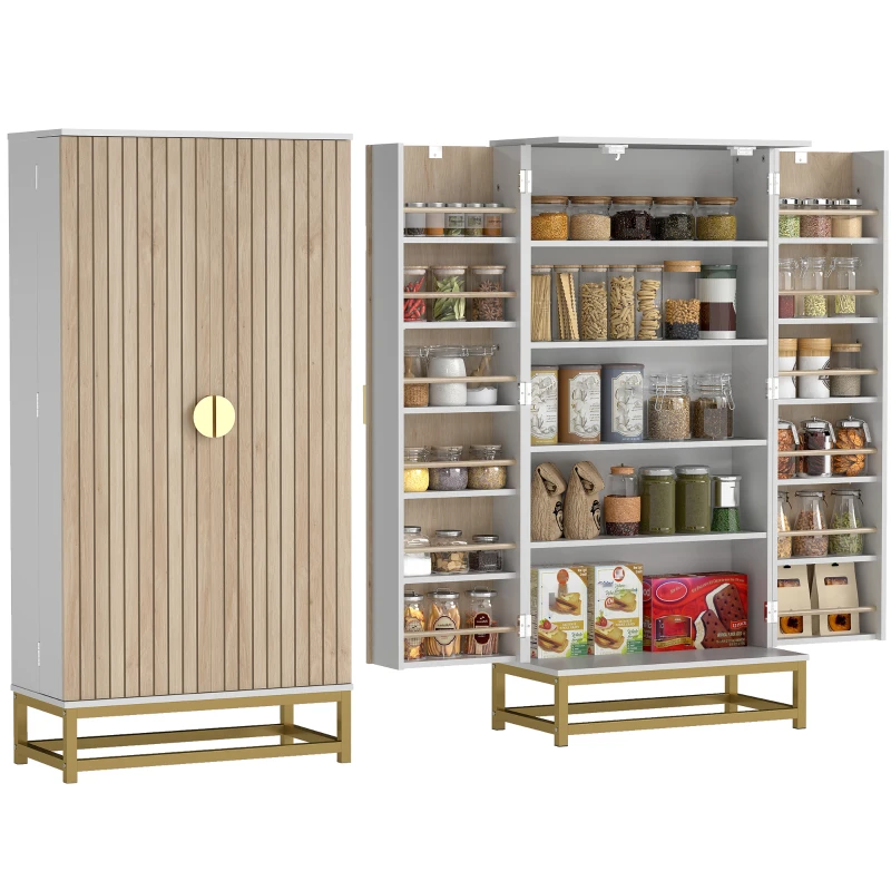 HOMCOM Armoire de cuisine meuble cuisine rangement avec 12 étagères à portes, étagères ajustables, 58x29x119,5cm, blanc(m-10)