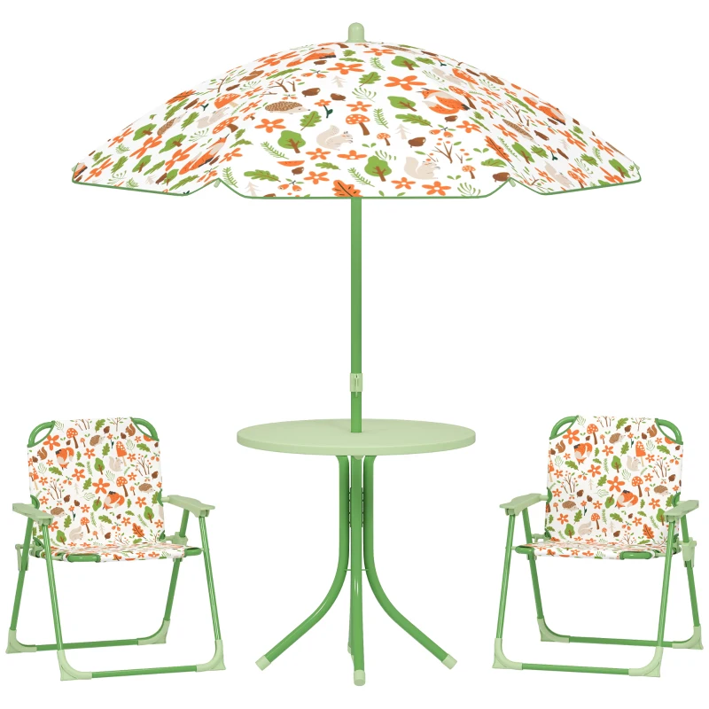 AIYAPLAY Conjunto de Mesa e Cadeiras para Crianças de Jardim com Cadeiras Dobráveis Chapéu de Sol Ajustável e Desenho de Raposas Verde