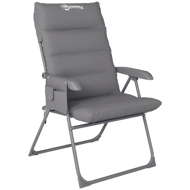 Outsunny Chaise pliante camping avec siège rembourré, dossier haut réglable et poches latérales, gris