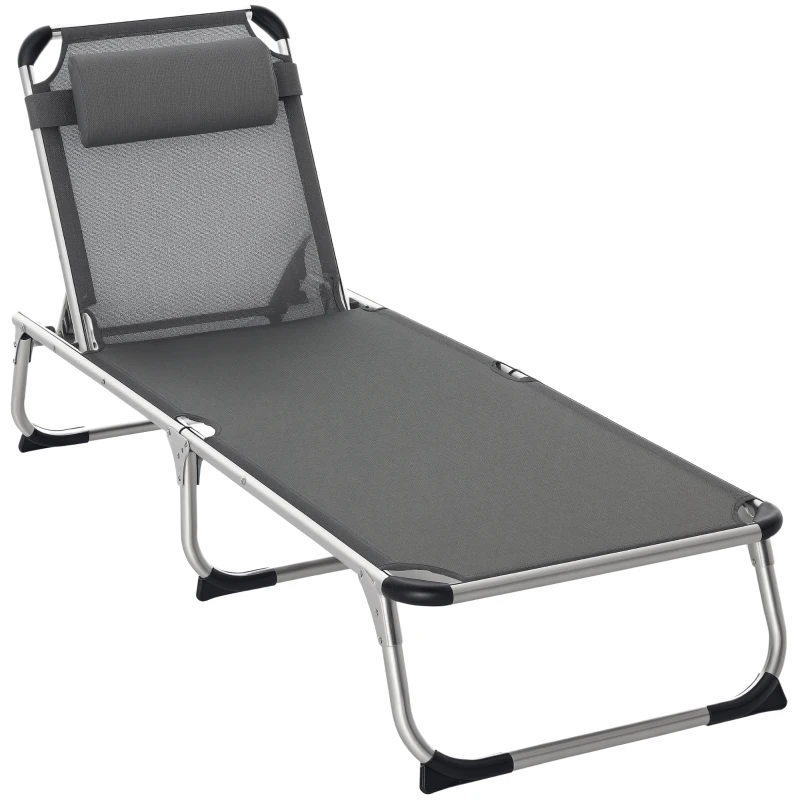 Outsunny Foldable Outdoor Sun Lounger, Reclining Lounge Chair Camping Bed Cot with Pillow 4-Level Adjustable Back Aluminium Frame, Dark Grey