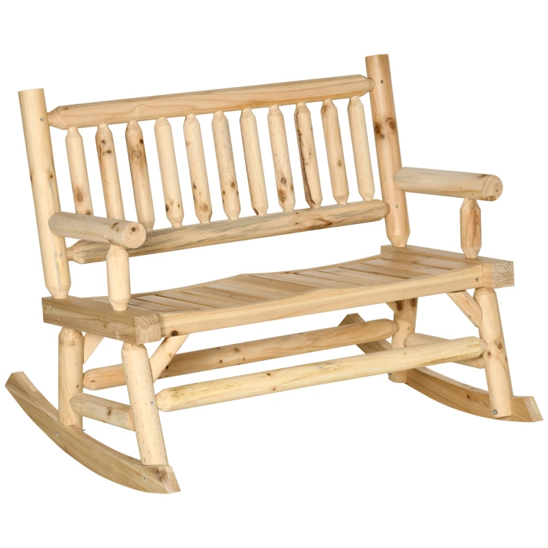 Outsunny Garden 2-Seater Rocking Bench Wood Frame Rough-Cut Log Loveseat Slatted High Back Rustic Style with Armrests Garden Outdoor Furniture - Natural