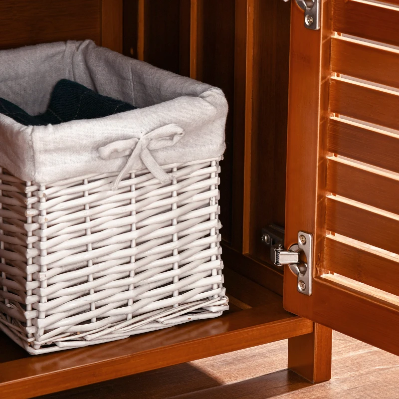 HOMCOM Banc à chaussures meuble à chaussures en bambou avec coussin d'assise, 3 portes et compartiment caché, marron