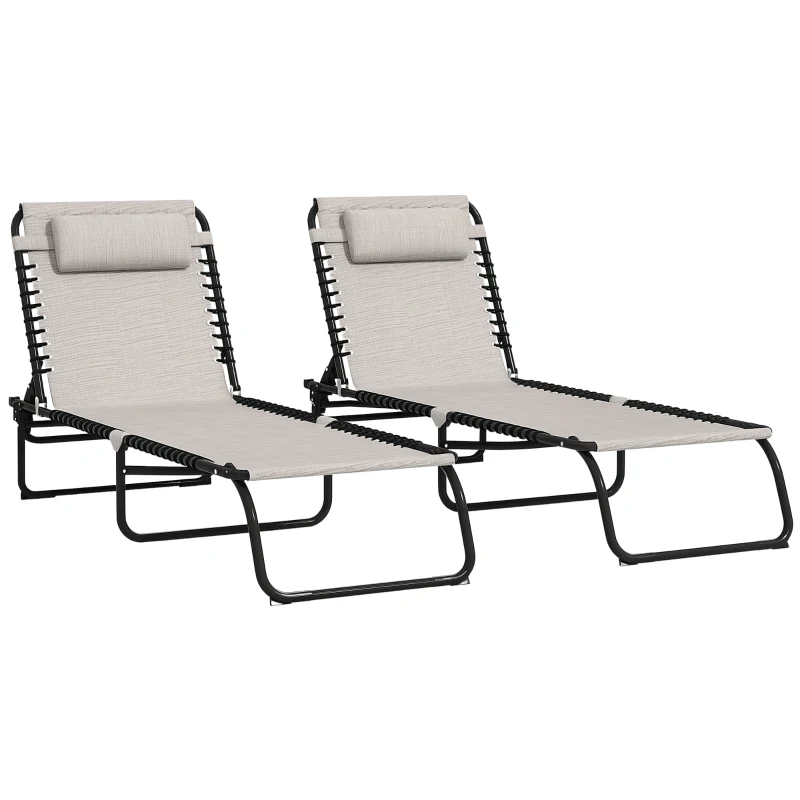 Outsunny Lot de 2 bain de soleil transat pliable dossier inclinable multi-positions acier lacets élastiques textilène crème