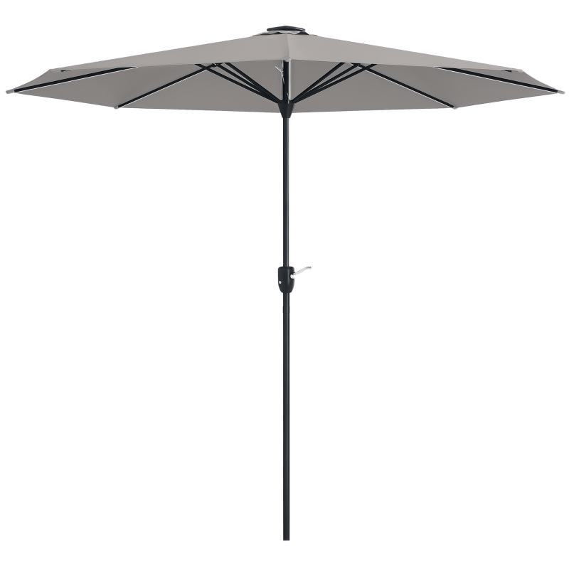 Outsunny Sombrilla de Jardín con Luces LED Solares Ø265x240 cm con Manivela Manual para Terraza Piscina Patio Gris Claro