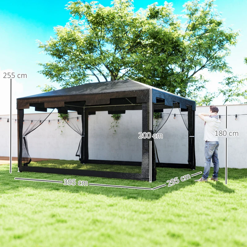 Outsunny Tenda de Jardim 4x3 m Tenda Dobrável com 4 Mosqueteiras Laterais 2 Portas e 8 Orifícios de Drenagem Cinza Escuro