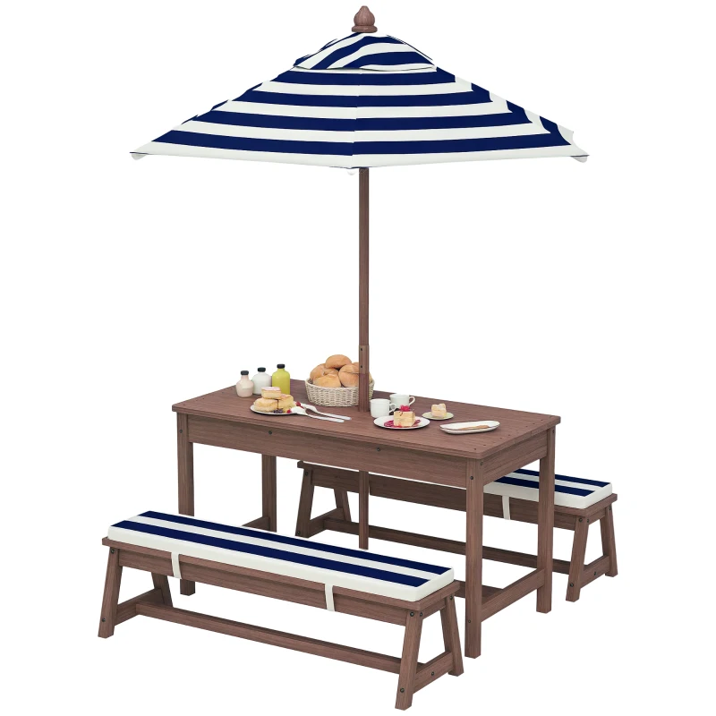 AIYAPLAY Ensemble salon de jardin extérieur enfant avec coussins et parasol amovible, rayé bleu marine et blanc
